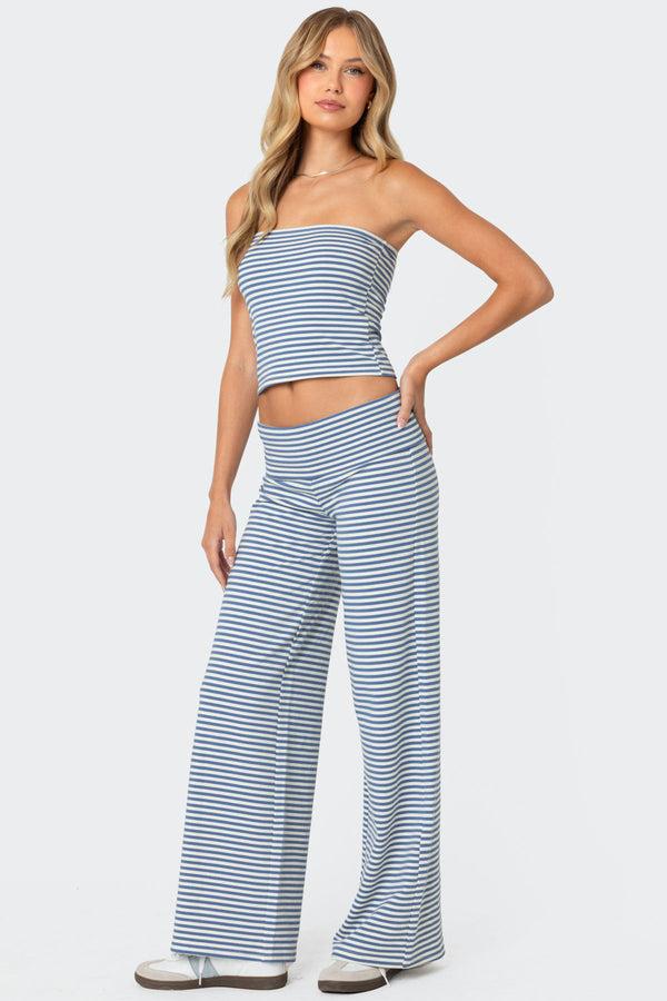 edikted Lilah Striped Fold Over Pants blue and white