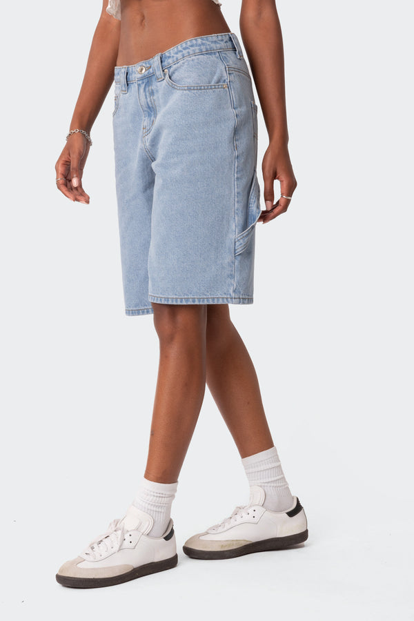 Edikted Low Rise Bermuda Denim Carpenter Shorts Light Blue
