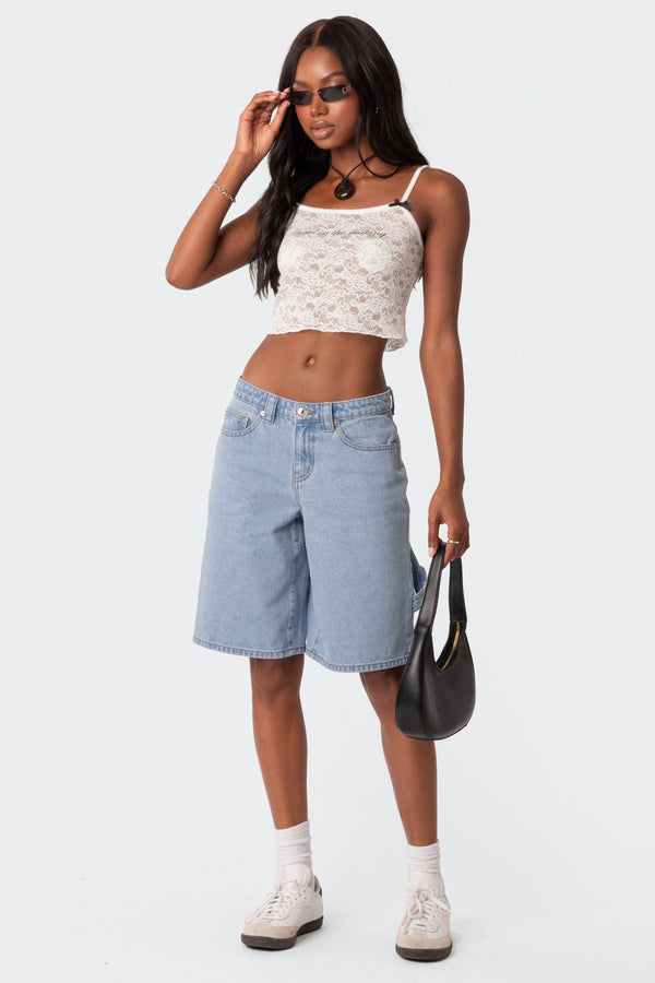 edikted Low Rise Bermuda Denim Carpenter Shorts light blue