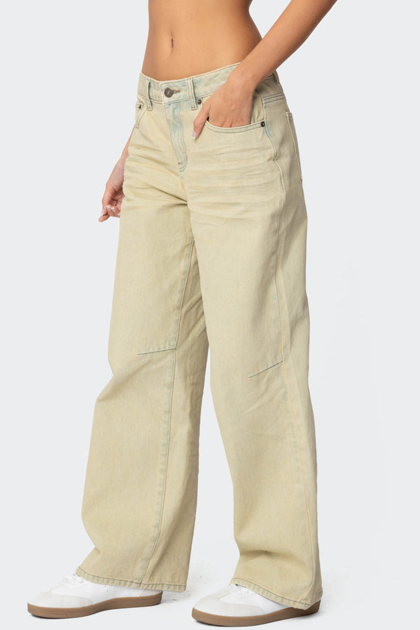 Edikted Low Rise Vintage Washed Boyfriend Jeans Tan