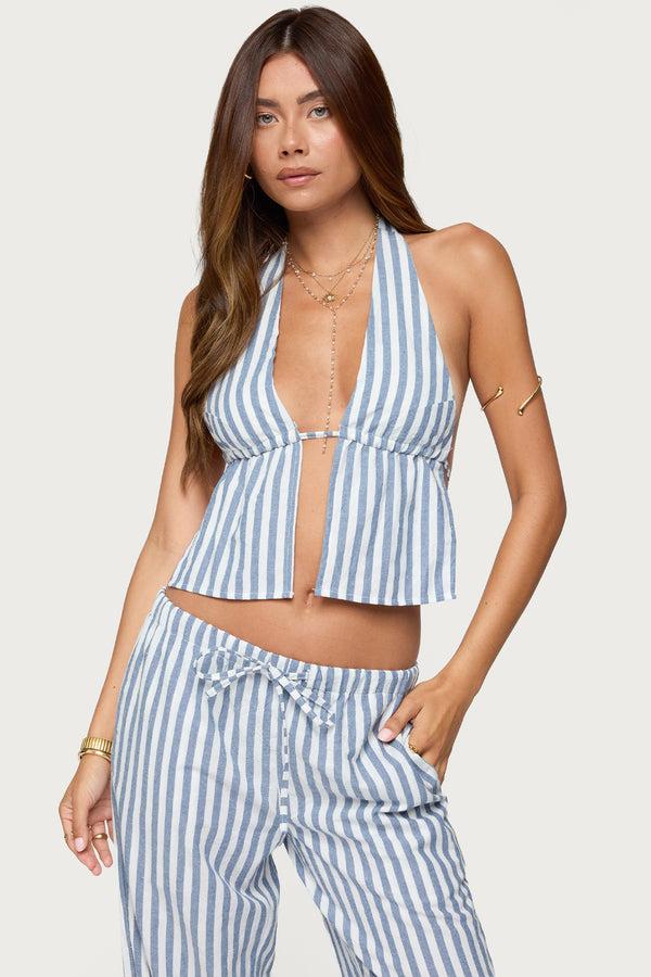 edikted Macey Striped Split Front Backless Top blue and white