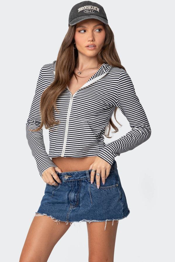 Edikted Madison Striped Zip Up Hoodie Navy And White