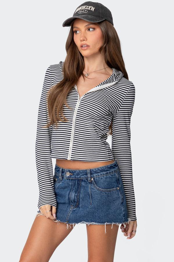 Edikted Madison Striped Zip Up Hoodie Navy And White