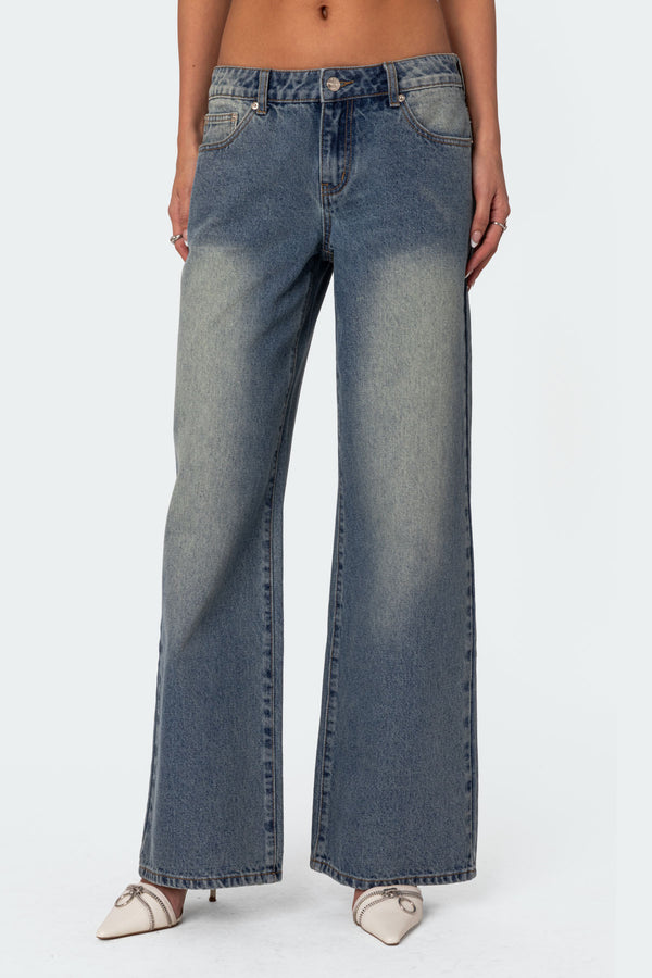 Edikted Magda Low Rise Acid Wash Jeans Blue Vintage Washed