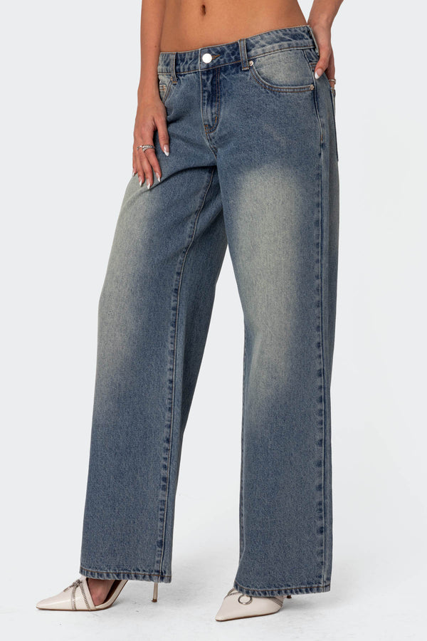 Edikted Magda Low Rise Acid Wash Jeans Blue Vintage Washed