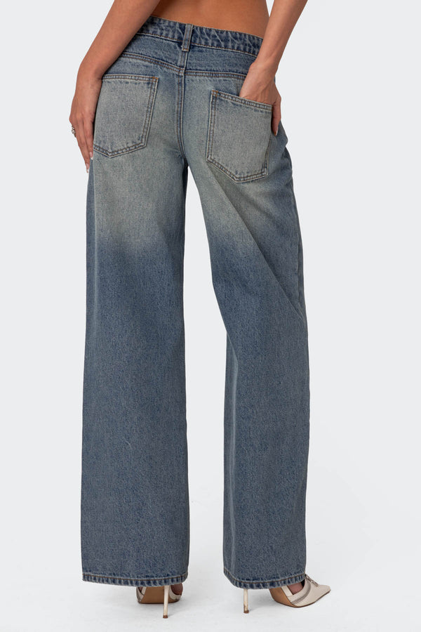 Edikted Magda Low Rise Acid Wash Jeans Blue Vintage Washed
