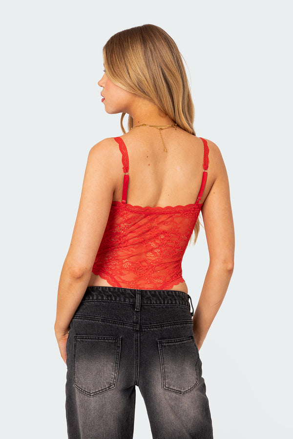 Edikted Maribelle Tie Front Sheer Lace Bodysuit Red