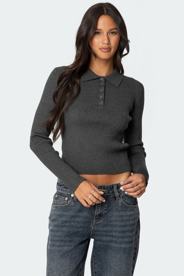 edikted Mollie Collared Ribbed Knit Top green melange