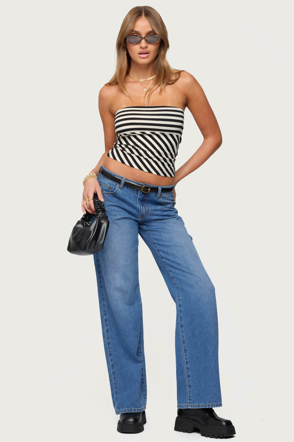 edikted Nikoletta Straight Leg Low Rise Jeans blue washed