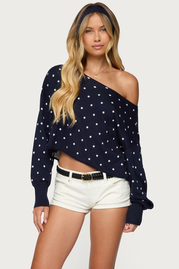 edikted Oversized Off Shoulder Polka Dot Sweater navy