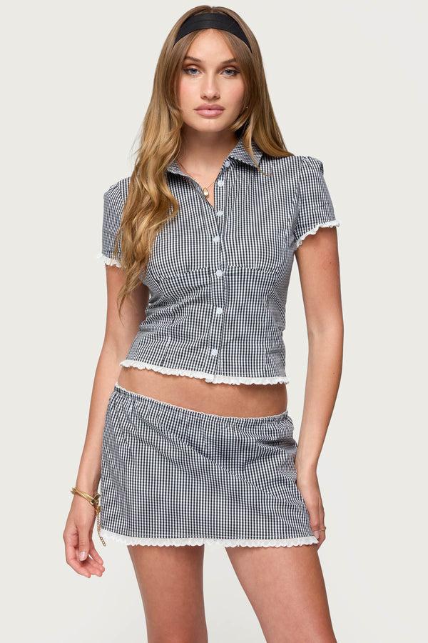 Edikted Paige Gingham Tailored Button Up Shirt Black And White