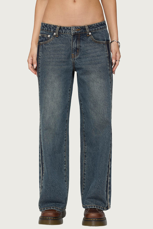 Edikted Petite Contrast Panel Low Rise Jeans Dark Blue