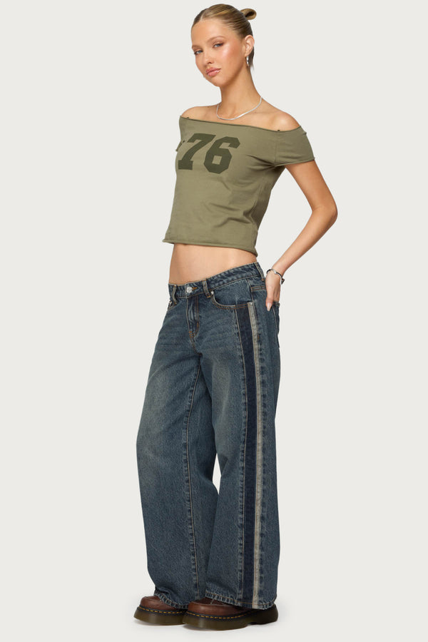 Edikted Petite Contrast Panel Low Rise Jeans Dark Blue