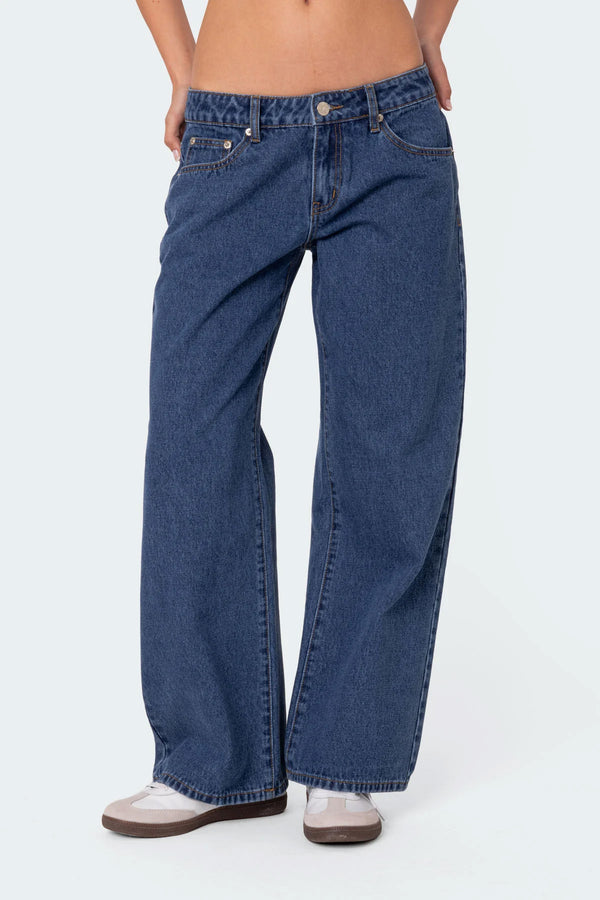 Edikted Petite Raelynn Washed Low Rise Jeans Blue Washed
