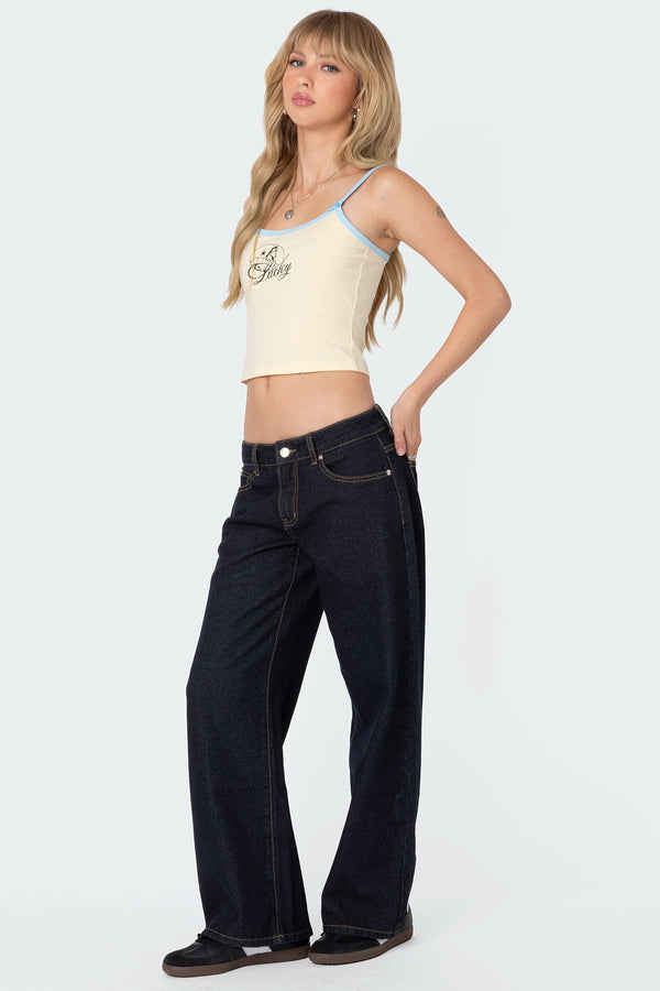 Edikted Petite Raelynn Washed Low Rise Jeans Indigo Blue Raw Washed