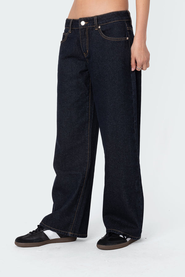 Edikted Petite Raelynn Washed Low Rise Jeans Indigo Blue Raw Washed