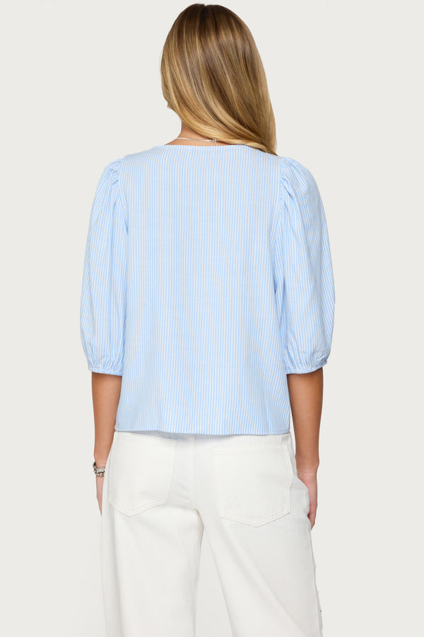 Edikted Pinstripe Linen Look Button Up Shirt Light Blue