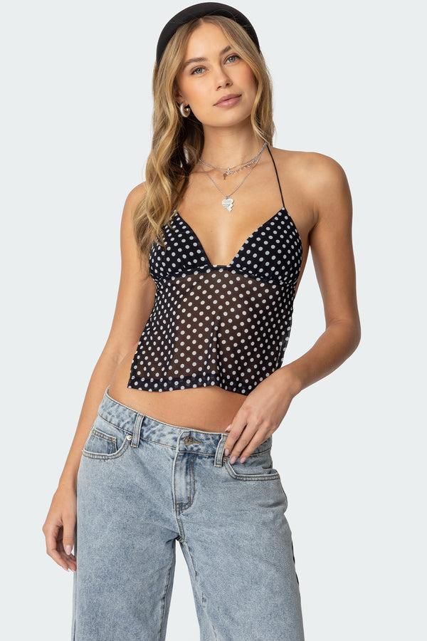 edikted Polka Dot Backless Chiffon Top black and white