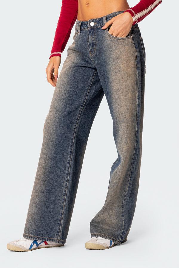 Edikted Raelynn Washed Low Rise Jeans Blue-brown-washed