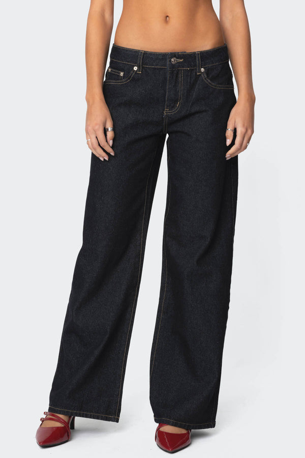 Edikted Raelynn Washed Low Rise Jeans Indigo Blue Raw Washed