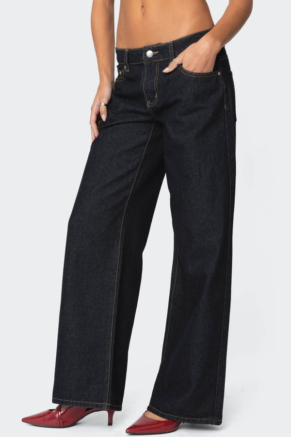 Edikted Raelynn Washed Low Rise Jeans Indigo Blue Raw Washed