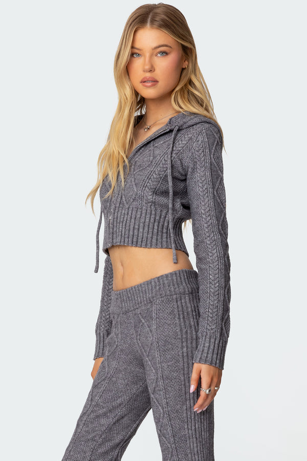 Edikted Ray Cable Knit Hooded Cardigan Gray Melange