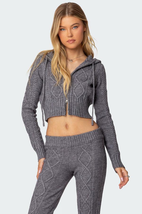 edikted Ray Cable Knit Hooded Cardigan gray melange