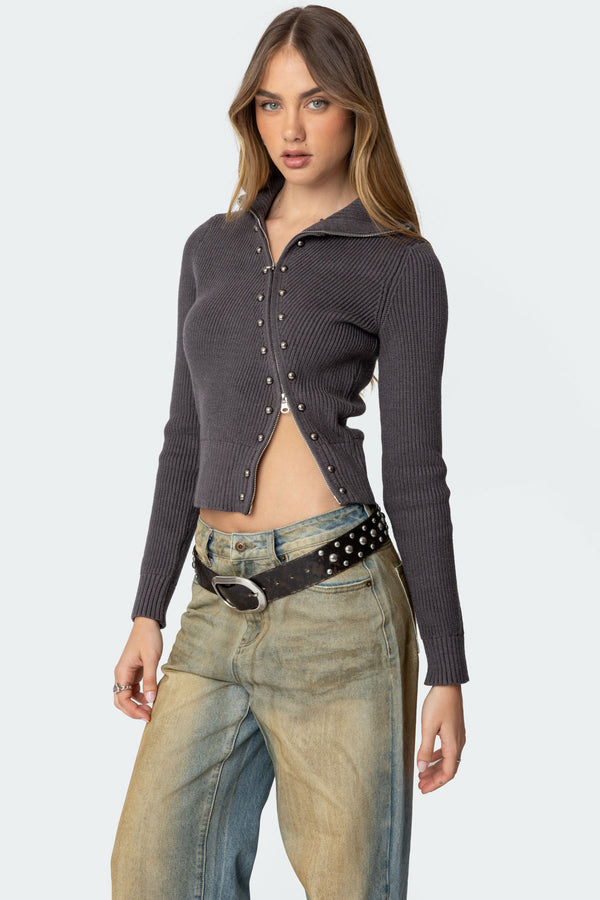 edikted Ribbed Asymmetric Zip Up Cardigan dark gray