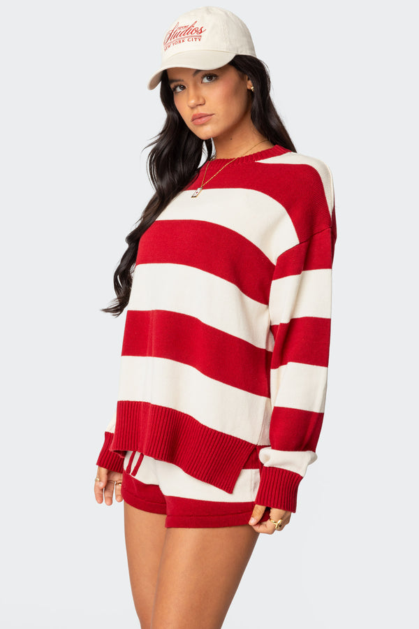 Edikted Riley Oversized Striped Sweater Burgundy And Cream