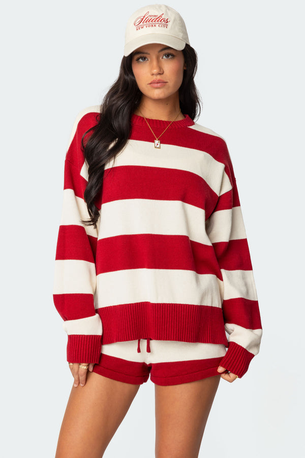 edikted Riley Oversized Striped Sweater burgundy and cream