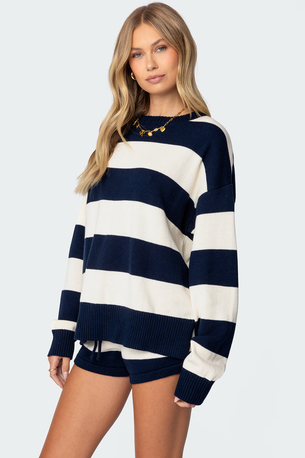 Edikted Riley Oversized Striped Sweater Navy And Cream