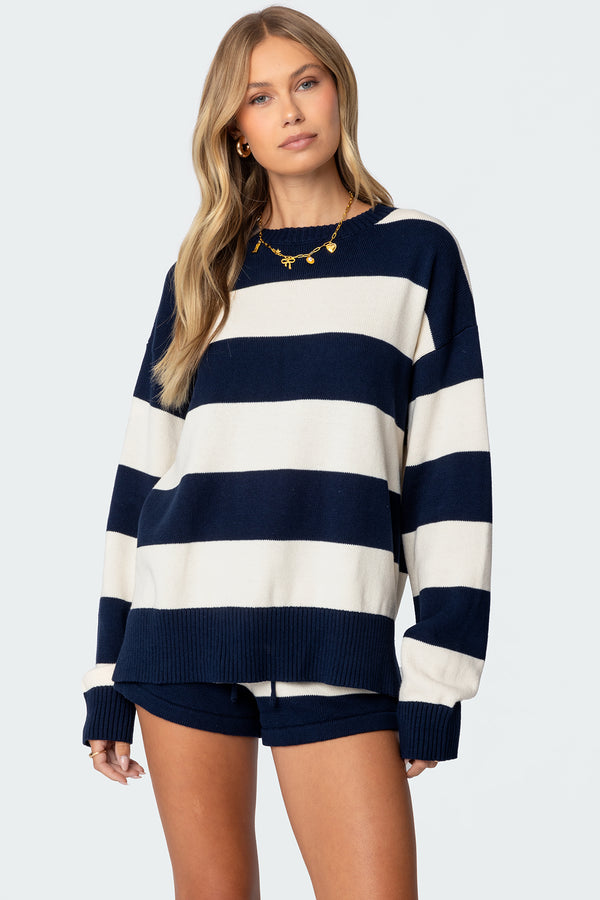 edikted Riley Oversized Striped Sweater navy and cream