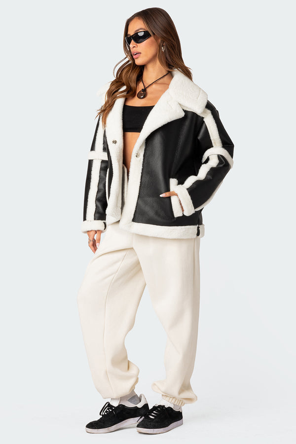 Edikted Rocki Oversized Faux Leather Shearling Jacket Black