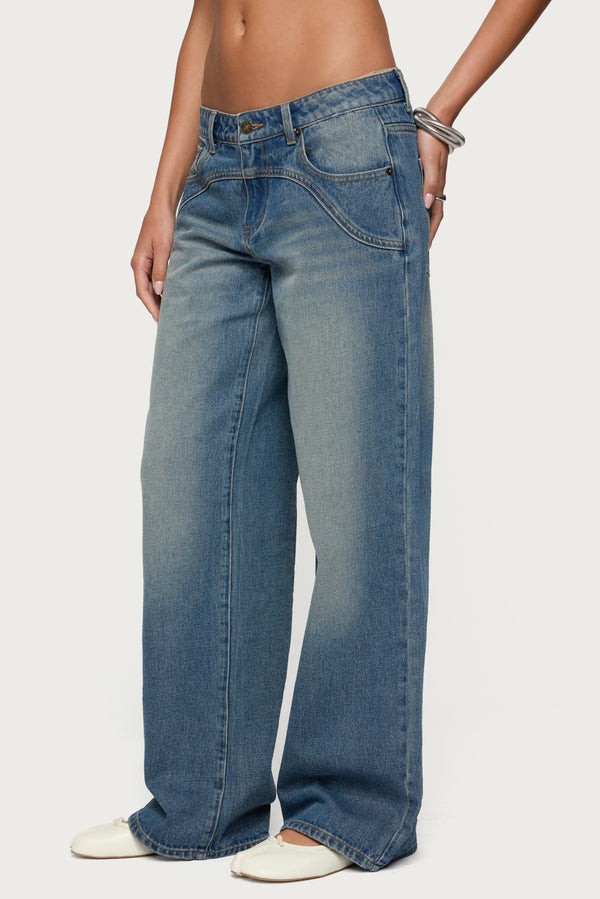 Edikted Ronny Curved Stitch Low Rise Jeans Blue Washed