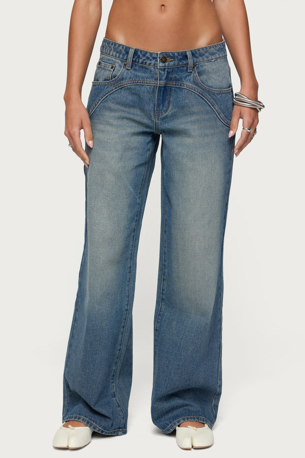 Edikted Ronny Curved Stitch Low Rise Jeans Blue Washed