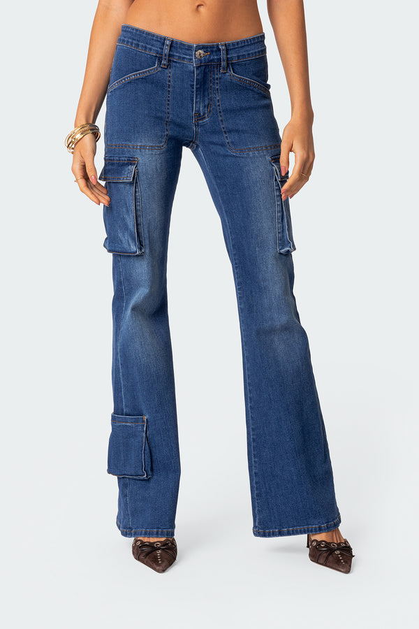 Edikted Roslyn Denim Flared Cargo Pants Blue Washed