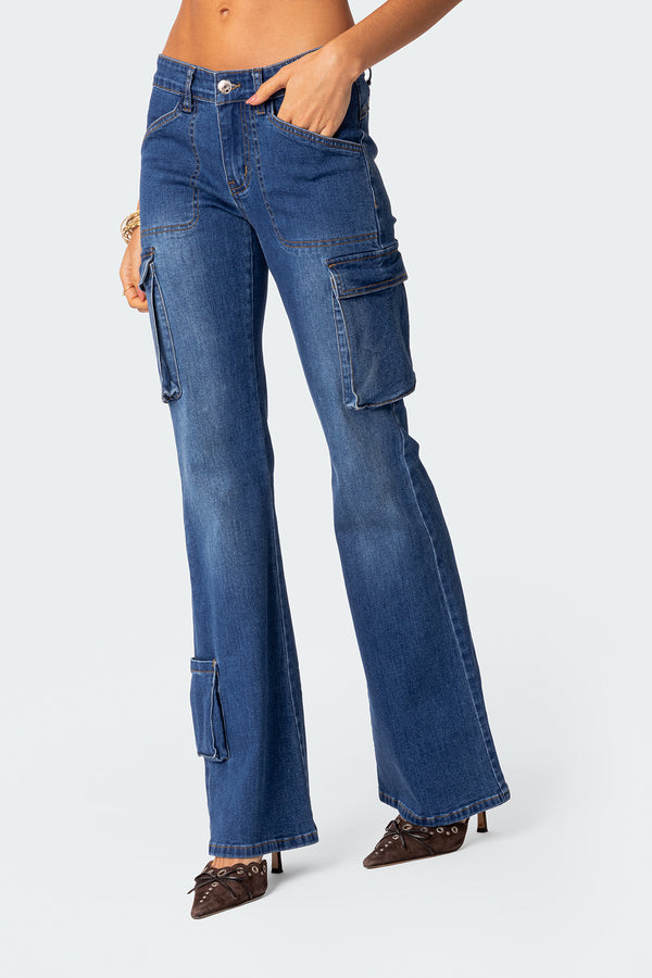 Edikted Roslyn Denim Flared Cargo Pants Blue Washed