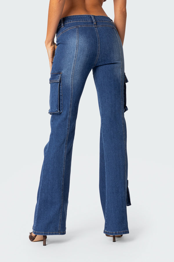 Edikted Roslyn Denim Flared Cargo Pants Blue Washed