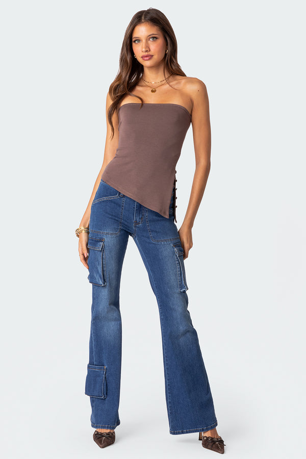 edikted Roslyn Denim Flared Cargo Pants blue washed
