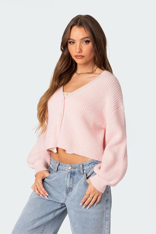 Edikted Sabrina Chunky Knit Cropped Cardigan Light Pink