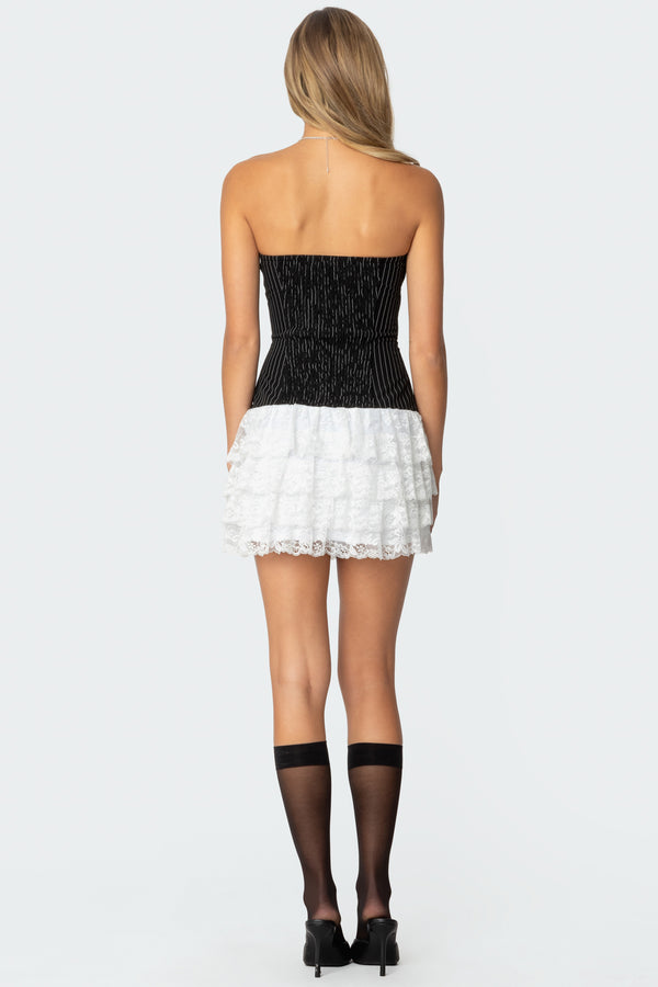 Edikted Strapless Pinstripe Ruffle Skirt Mini Dress Black And White
