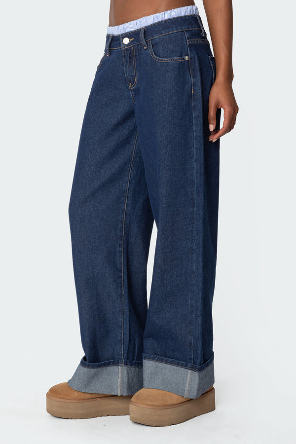 Edikted Striped Boxer Detail Low Rise Jeans Dark Blue