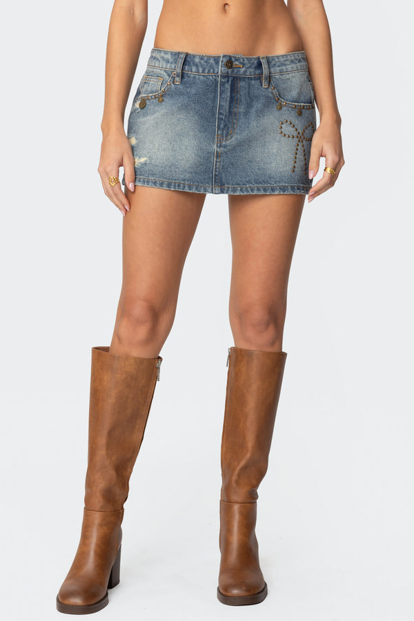 edikted Studded Bow Distressed Denim Mini Skirt blue