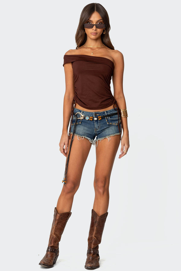 edikted Studded Low Rise Denim Micro Shorts blue washed