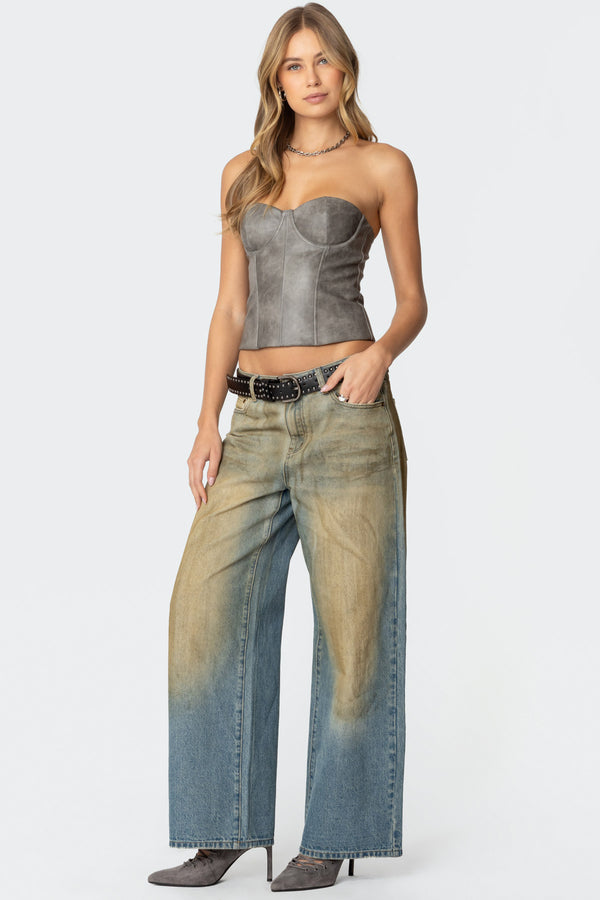 Edikted Sulivan Strapless Faux Leather Corset Gray Washed