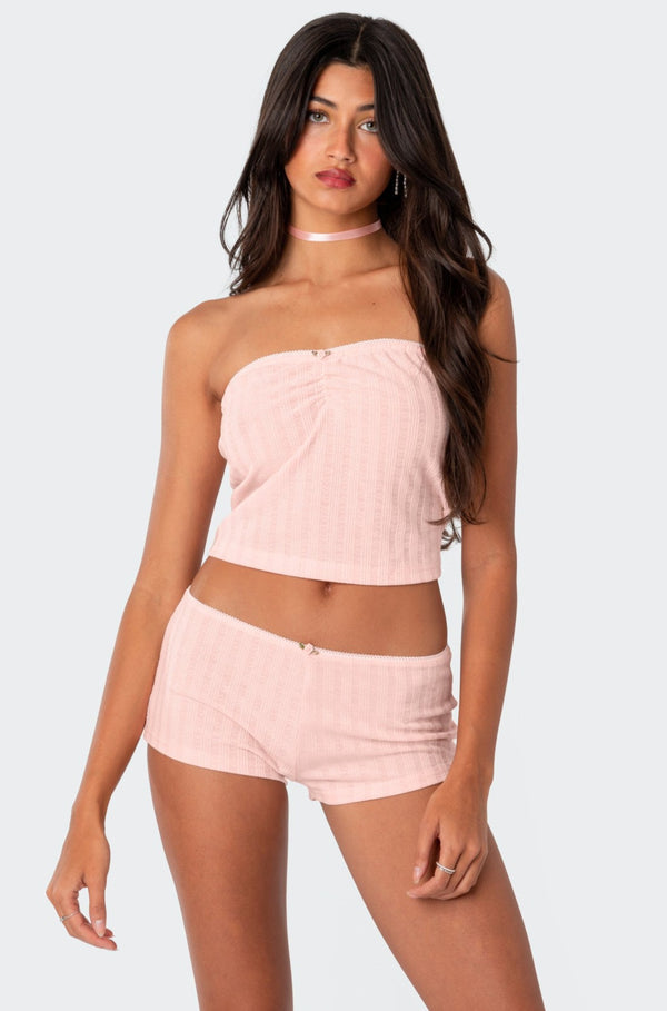 edikted Sweetpea Ruched Pointelle Tube Top light pink