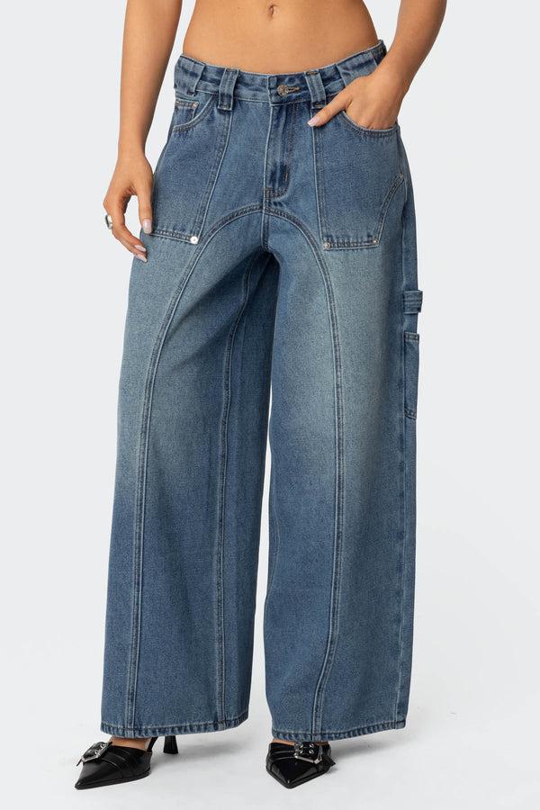 Edikted Tal Baggy Low Rise Carpenter Jeans Blue Washed