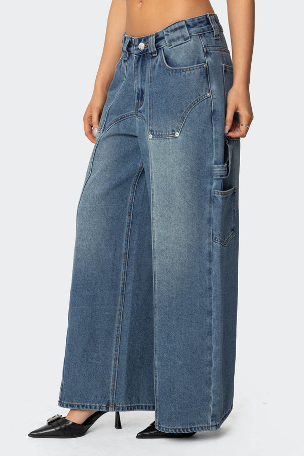 Edikted Tal Baggy Low Rise Carpenter Jeans Blue Washed