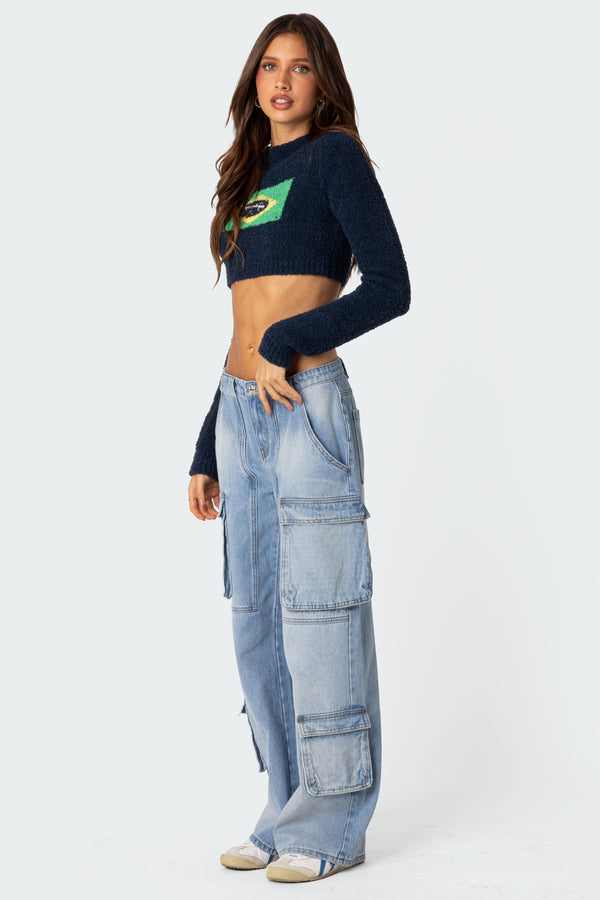 Edikted Tara Low Rise Denim Cargo Jeans Blue Washed