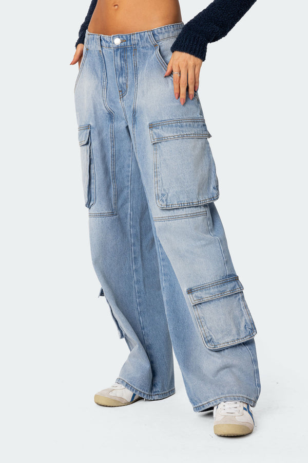 Edikted Tara Low Rise Denim Cargo Jeans Blue Washed